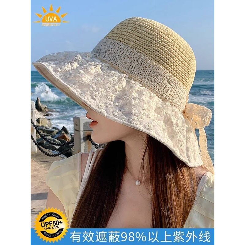 蕾丝蝴蝶结草帽女夏季透气大帽檐遮阳防晒帽韩版海边出游沙滩帽子