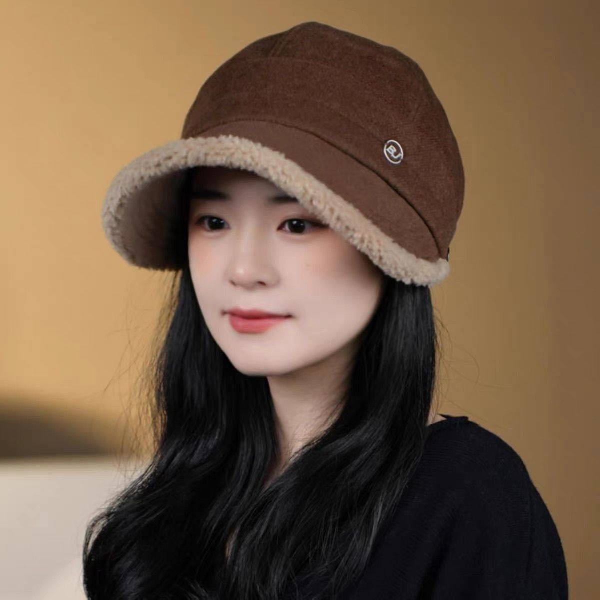 可挂口罩帽子女秋冬保暖2025新款时尚显脸小加绒宽檐马术帽鸭舌帽