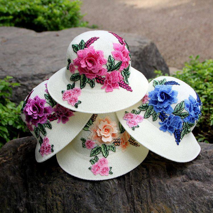 新款春秋冬季民族风休闲刺绣花圆顶帽子遮阳帽百搭女太阳防晒盆帽