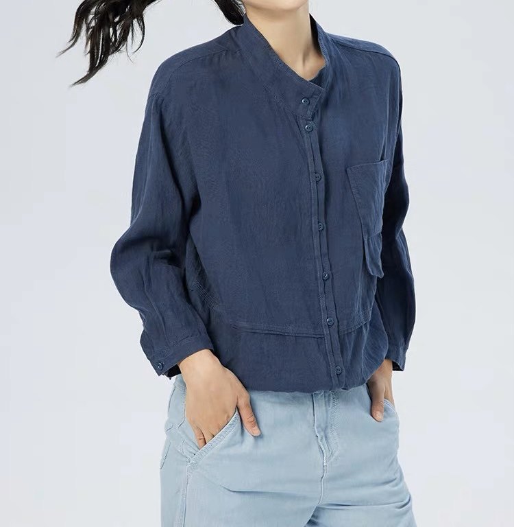 斯琴2023专柜正品女亚麻灰兰色立领落肩长袖单排扣衬衫 BCCS01379