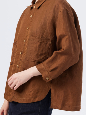 斯琴2024春专柜正品亚麻混纺翻领单排扣宽松衬衫早春BDCS015103