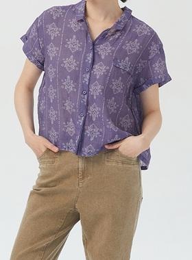 斯琴2022夏新品苎麻薰衣紫印花单排扣短袖休闲衬衫BBXS011133 898