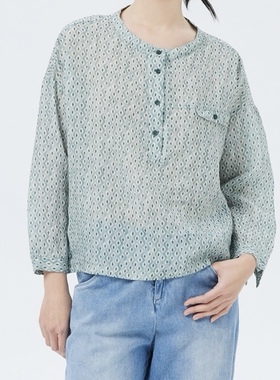 斯琴2023夏专柜正品苎麻印花圆领套头落肩长袖衬衫BCXS019150