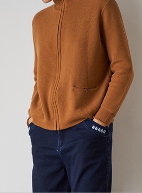 斯琴秋季女土黄色纯棉半高领长袖纯色双开拉链编织开衫 BAQB00321