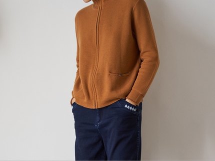 斯琴秋季女土黄色纯棉半高领长袖纯色双开拉链编织开衫 BAQB00321