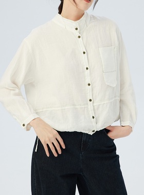 斯琴2023春季新品亚麻白色立领落肩单排扣休闲衬衫BCCS01301 1080