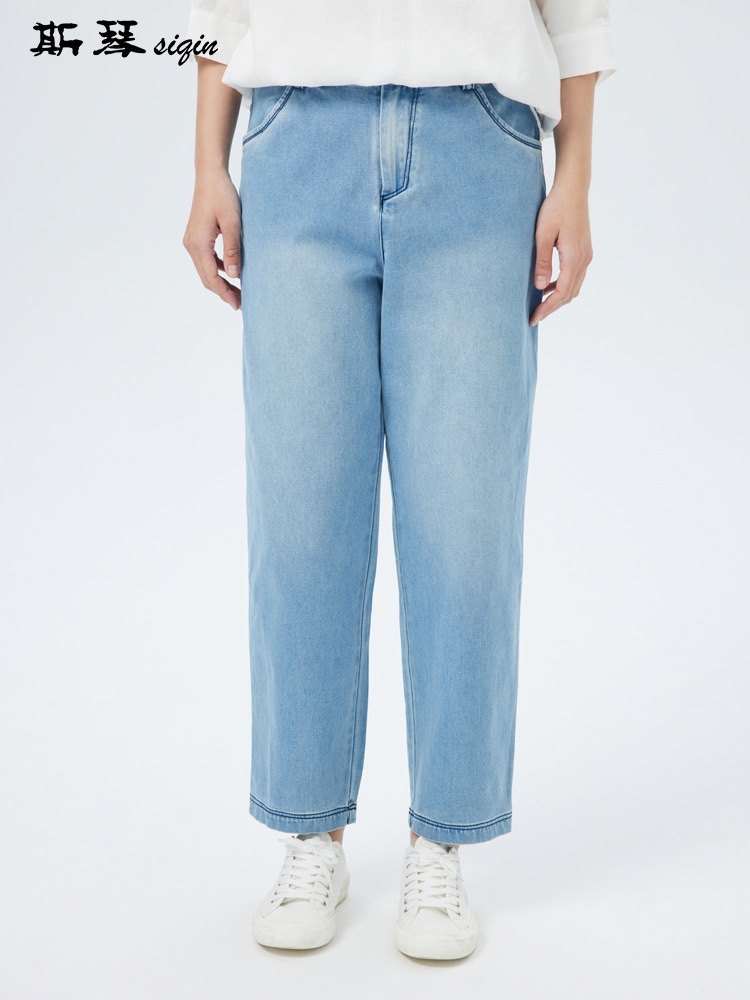 斯琴2023春专柜正品女棉质仔兰拉链宽松直筒九分牛仔裤ckc230615