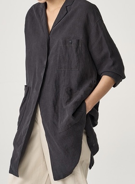 斯琴2023春专柜正品女黑色亚麻翻领单排扣中长风衣外套 BCCS03202