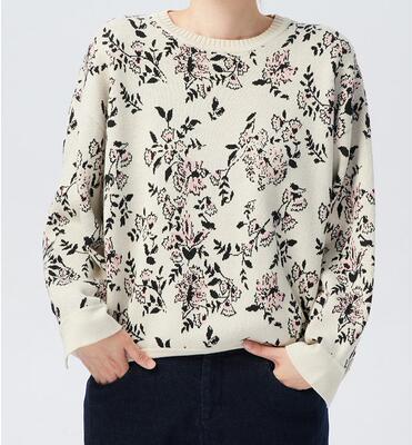 斯琴2022秋新粉白纯棉圆领套头提花微弹宽松编织衫BBQB00344 799