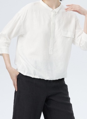 斯琴2023夏专柜正品白色莱赛尔翻领套头落肩八分袖衬衫BCXS00801