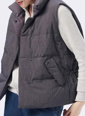 斯琴2023冬专柜正品灰色格纹鹅绒立领单排扣加厚马甲BCDS01725