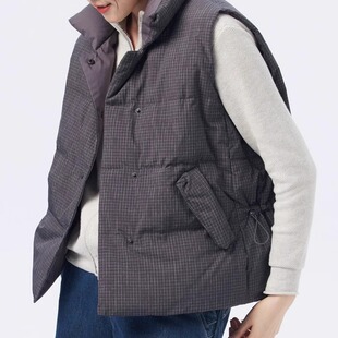 斯琴2023冬专柜正品灰色格纹鹅绒立领单排扣加厚马甲BCDS01725