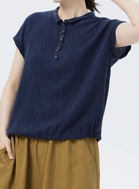 斯琴2023夏专柜正品女蓝色翻领半开襟套头短袖薄款衬衫BCXS001108