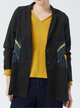 琴春季女苎麻黑色刺绣两粒扣西装小翻领外套 BACS015 1680