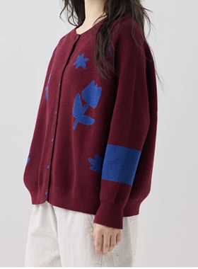 斯琴2025秋冬专柜正品撞色提花棉双面针织开衫宽松百搭BEQB01638