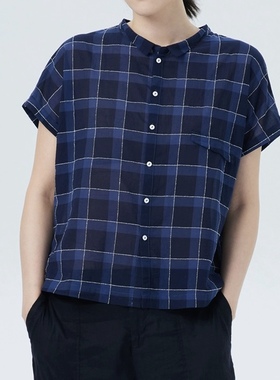 斯琴2023夏专柜正品女棉质格纹翻领单排扣连袖短袖衬衫BCXS032109