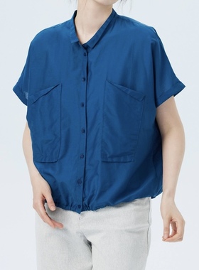 斯琴2023夏专柜正品女丝棉混纺蓝色翻领单排扣短袖衬衫BCXS036108