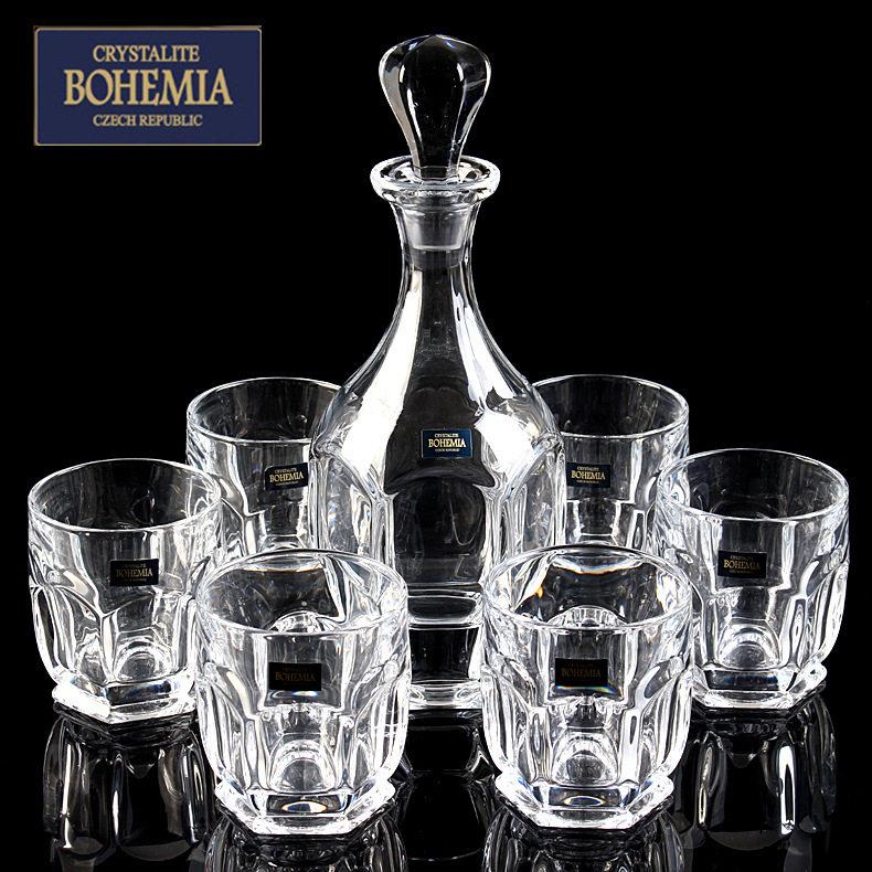 捷克进口波西米亚BOHEMIA水晶威士忌杯7件家用洋酒杯带盖酒樽套装