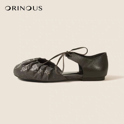 Orinous 项小七 设计师品牌26早春新品褶皱刺绣系带低跟罗马单鞋