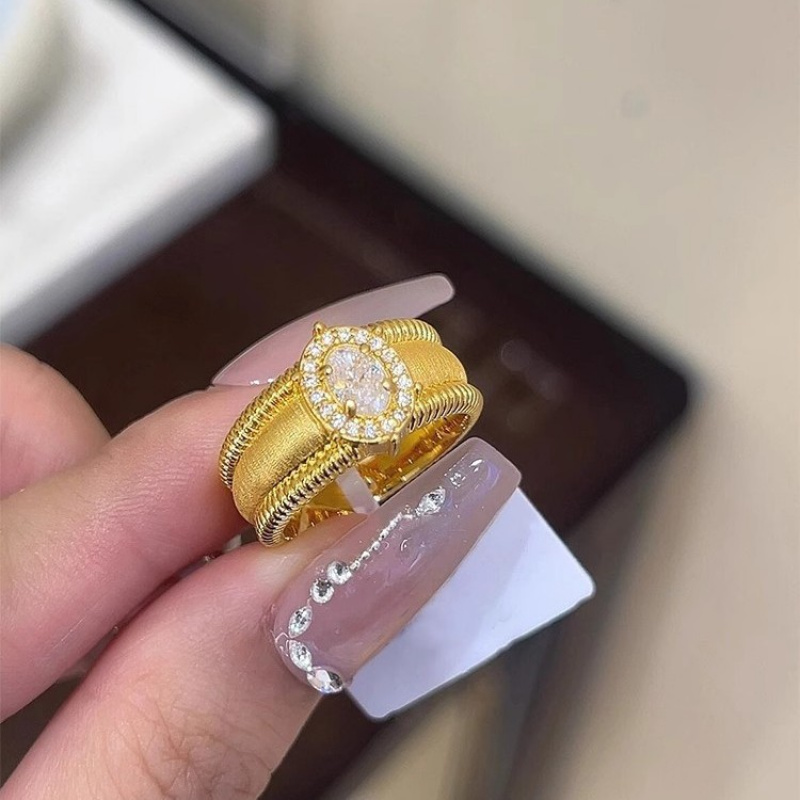 925镀银中古金色拉丝鸽子蛋戒指