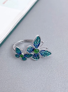 珐琅工艺双蝴蝶戒指女复古民族风