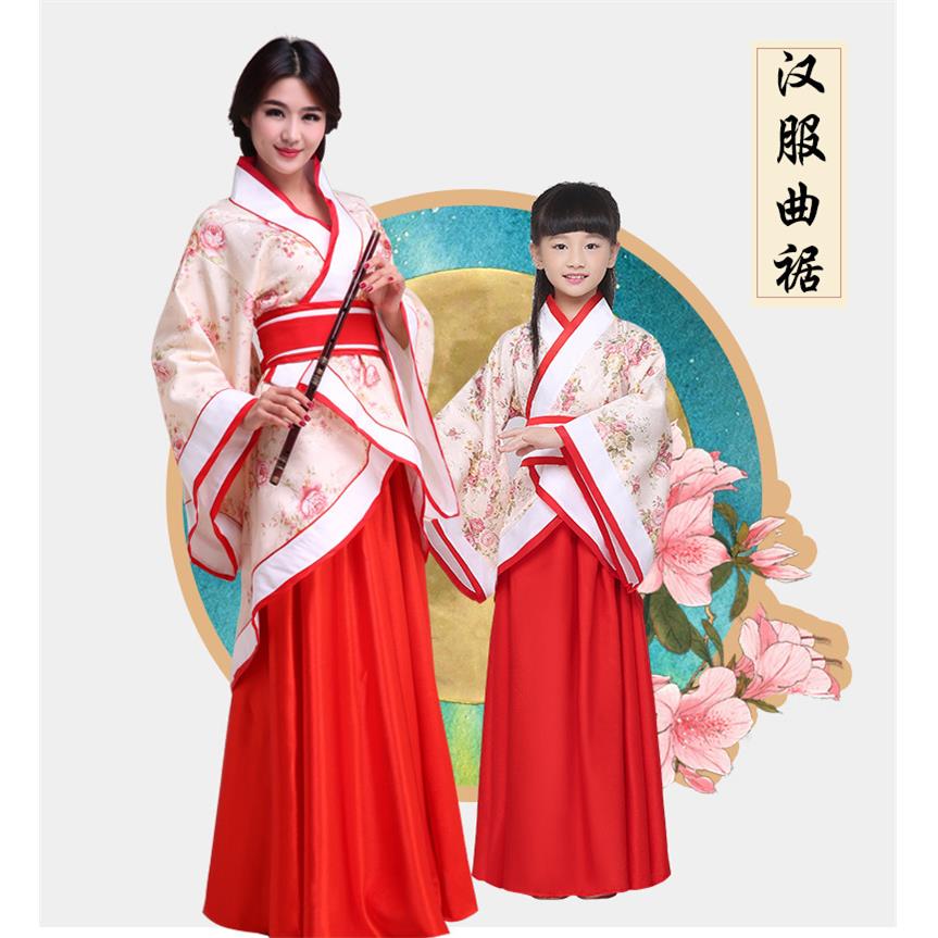 古装改良汉服亲子装母女装唐装宋服舞台服饰仙女装曲裾交领印花服