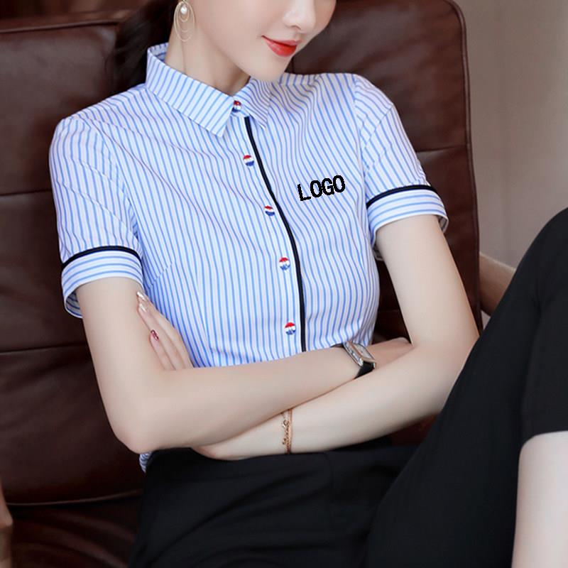 前台工作装女夏装服务员工作服餐饮条纹酒吧工装短袖职业套装