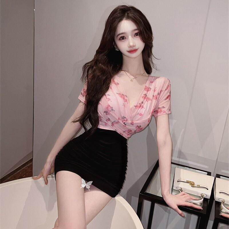 性感网纱印花拼接包臀短袖连衣裙女柔式按摩夜总店技师工作服