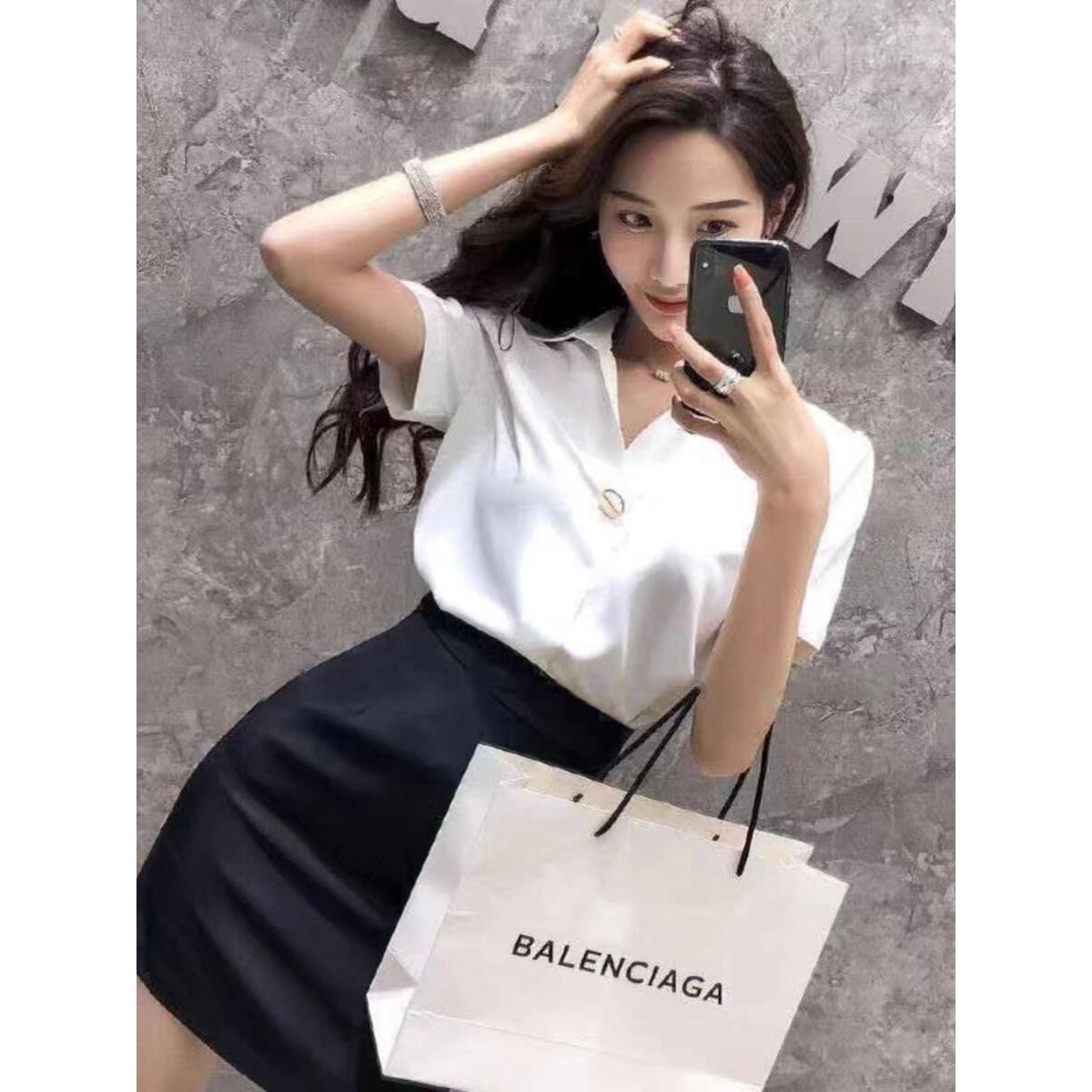 足浴工作服高端优雅慵懒风短袖雪纺衬衫套装裙女通勤职业白色衬衣