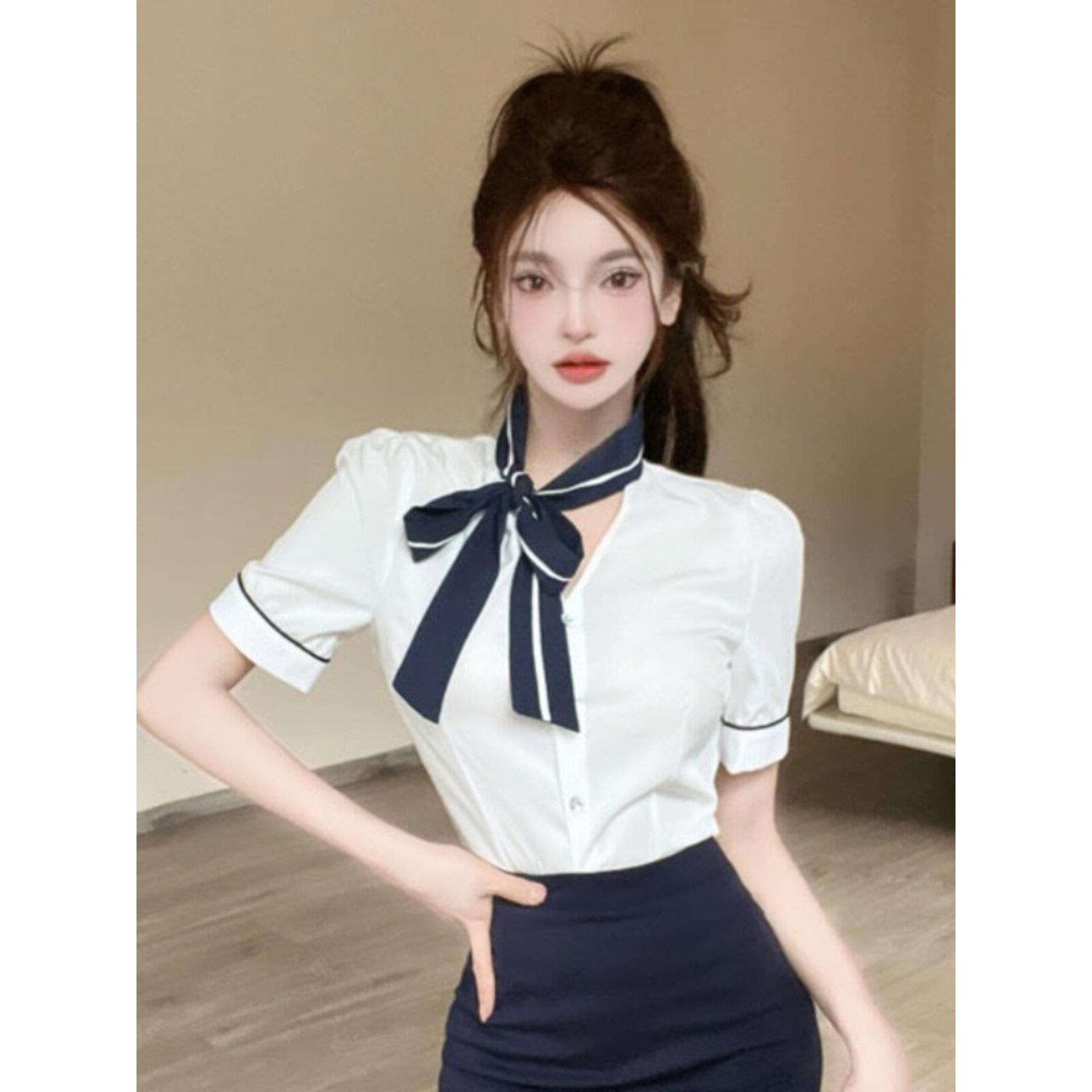 夏季空姐制服性感气质短袖衬衫女士职业工作服领结上衣白衬衫