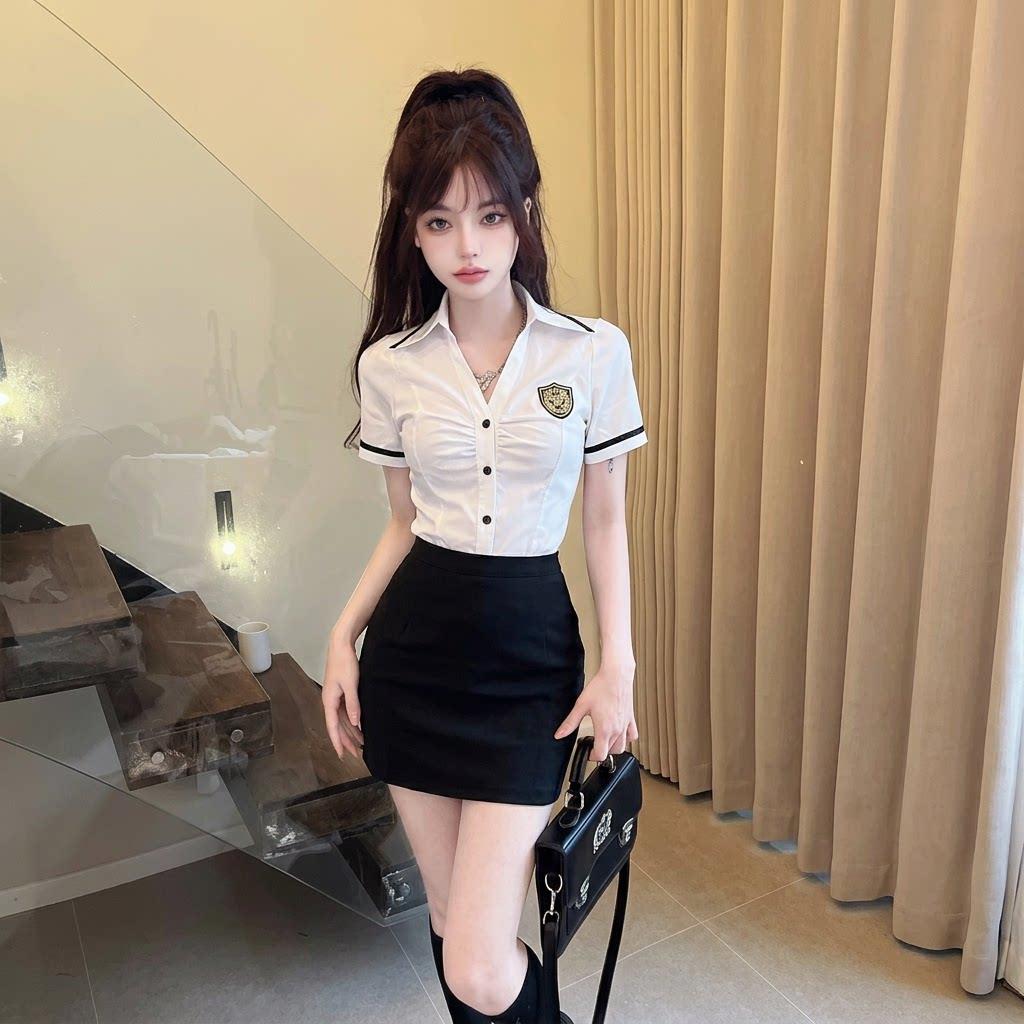 减龄足浴技师服修身徽章衬衫包臀裙性感柔式按摩店工作服套装
