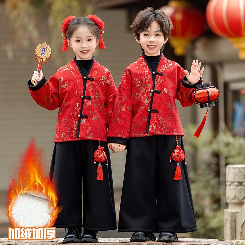 男女童冬季2024新款儿童冬装一体绒加绒唐装宝宝中式舞蹈表演汉服