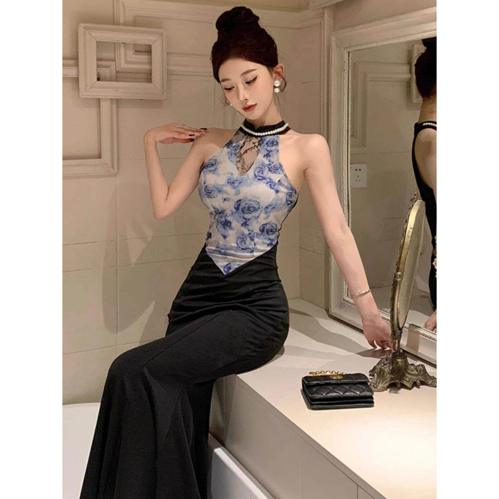 旗袍晚礼服高端轻奢小众小洋装聚会气质中国风挂脖中长款连衣裙