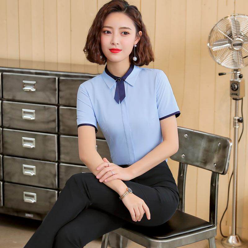 职业衬衫女短袖2026夏装新款蓝色时尚气质酒店前台衬衣正装工作服
