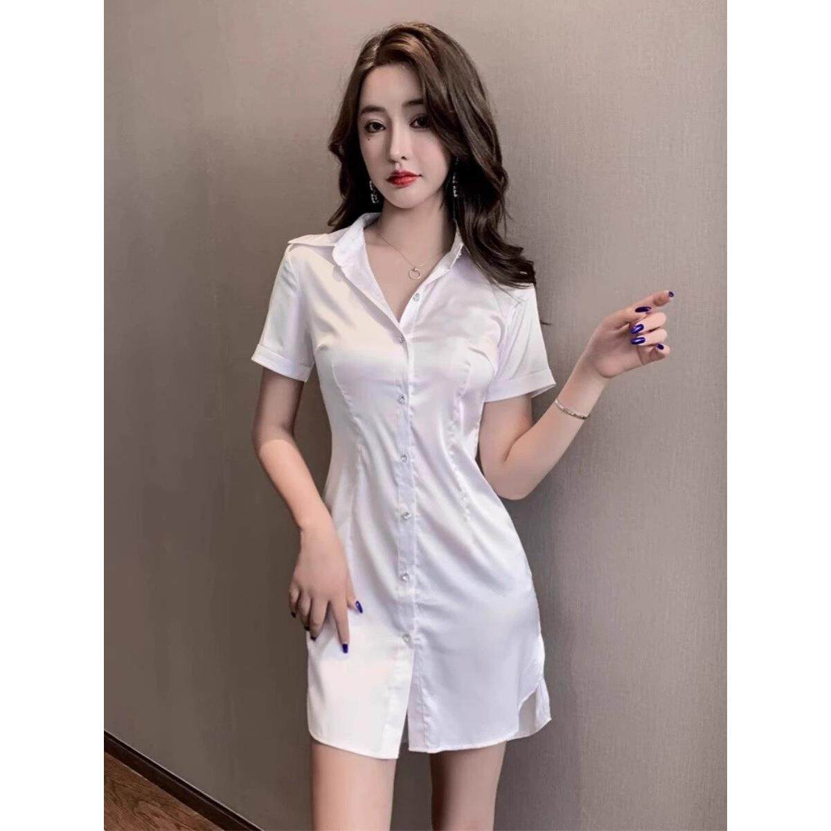性感桑拿衬衫裙女中长款连衣裙酒店遮肚显瘦洗浴场足浴技师工作服