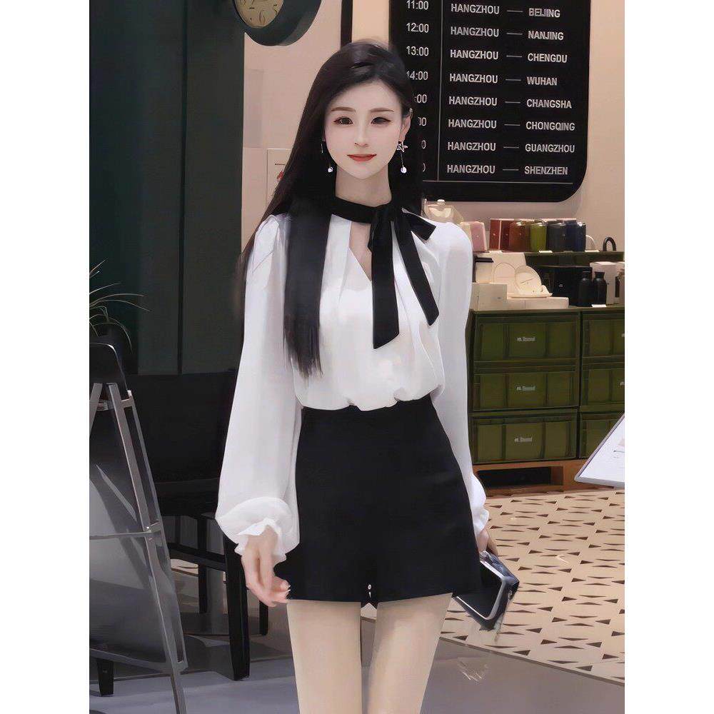 足浴技师工作服减龄套装女秋季爆款蝴蝶结绑带衬衫高腰短裤两件套