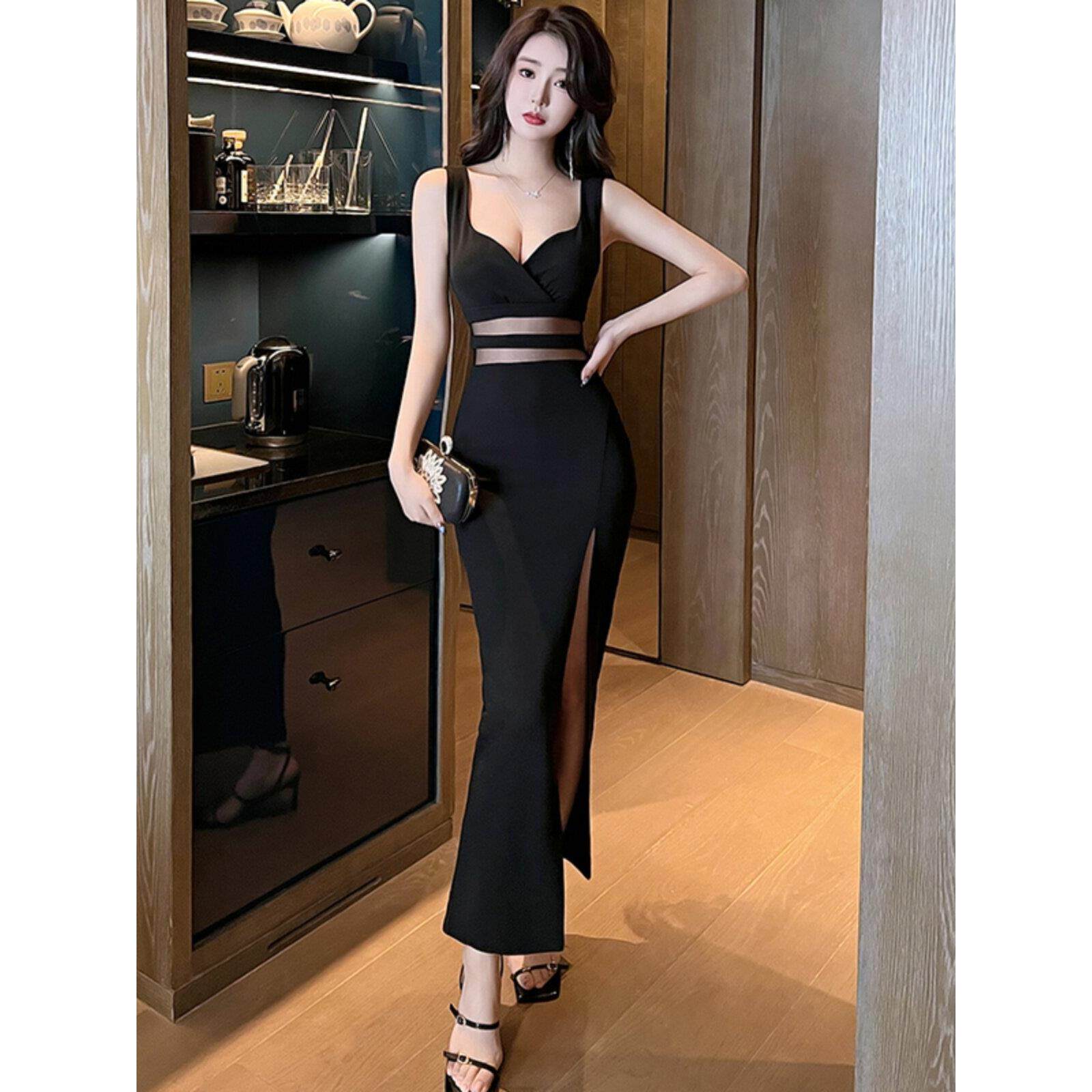 夜总店性感晚礼服高级感网纱连衣裙女气质长裙技师夜场上班工作服