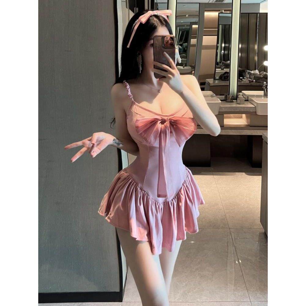 法式公主甜美辣妹纯欲风吊带大蝴蝶结修腰超短性感夜店连衣裙女