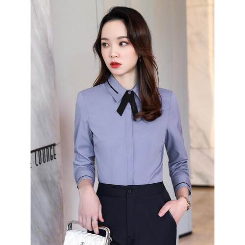 灰色职业衬衫女春秋长袖面试正装工作服酒店前台接待员工装白衬衣