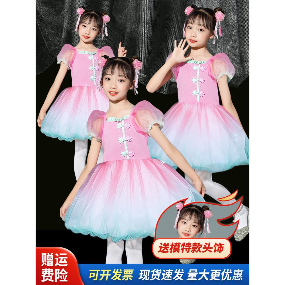 云川桃红艳舞表演服装儿童舞蹈面纱裙幼儿园表演公主裙