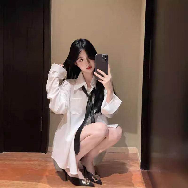 秋季性感宽松男友风衬衫女纯欲风领带上衣长袖休闲中长款白色衬衣