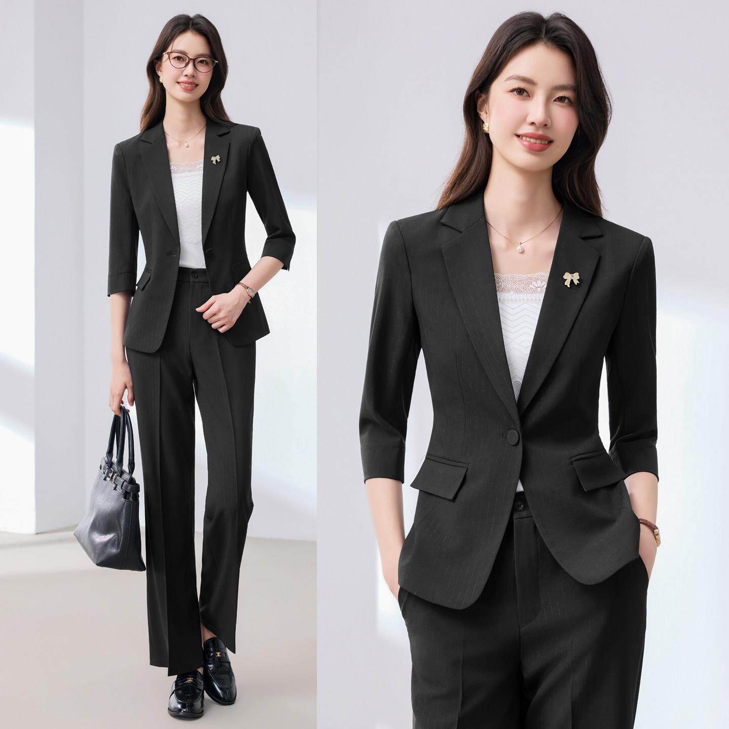 职业修身售楼部前台办公服西装外套女春夏中袖通勤工服西服套装女