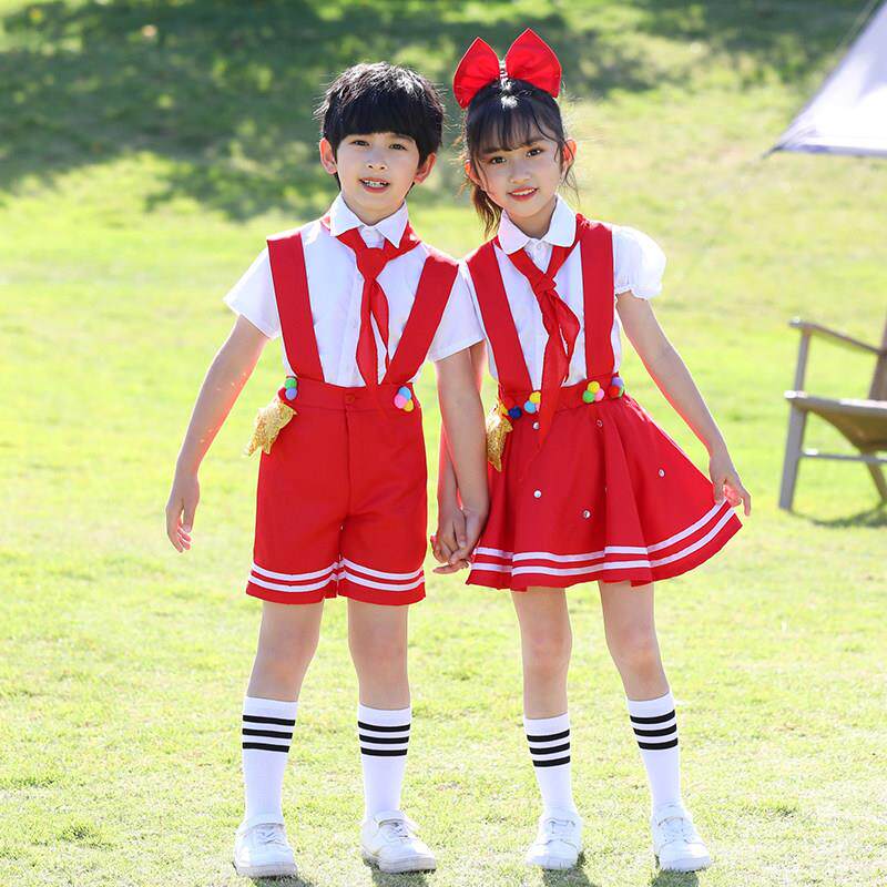 儿童演出服幼儿园可爱舞蹈裙红色背带裤白袜子大班合唱团体毕业照