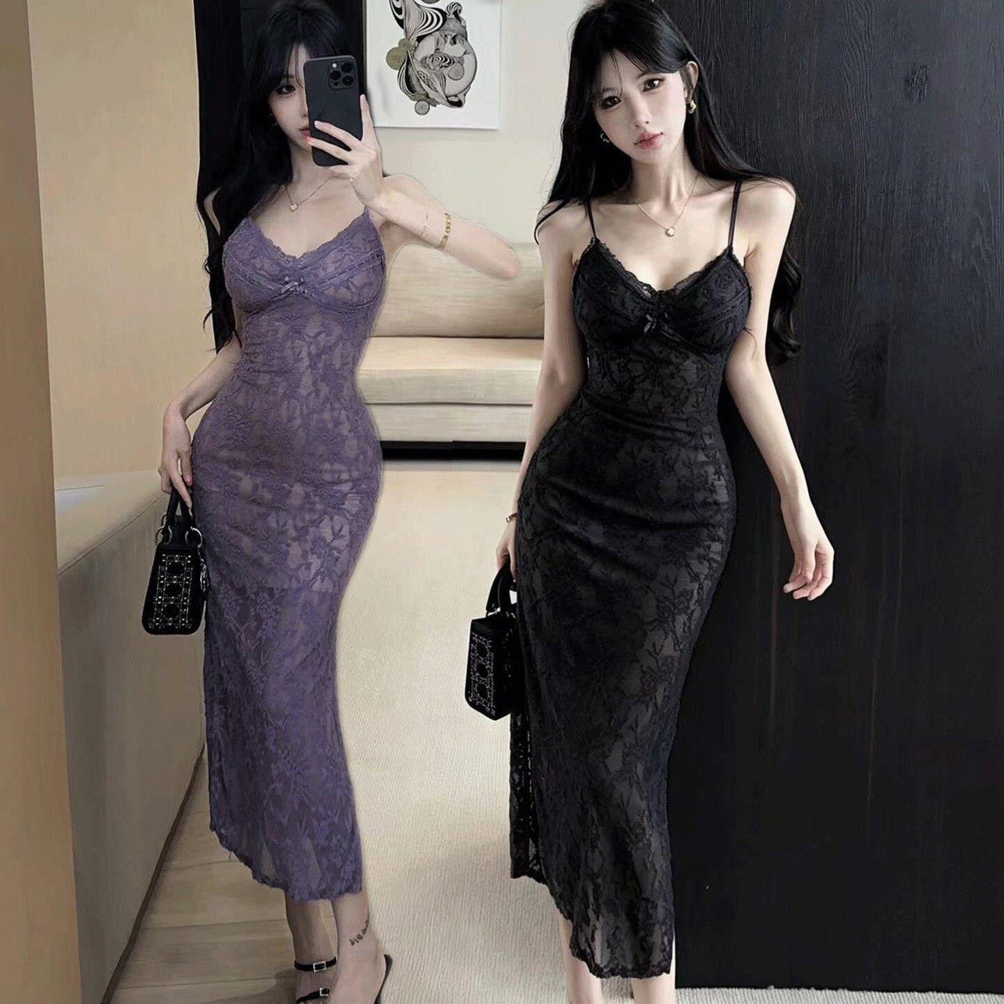 蕾丝修身吊带长裙显瘦性感夜店女装带胸垫低胸露背名媛气质连衣裙