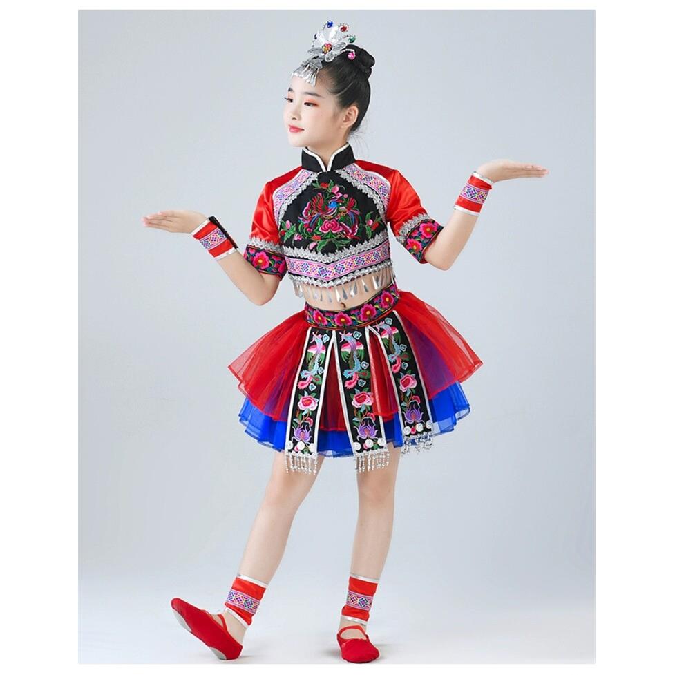 2025新款儿童苗娃娃舞蹈演出服装少数民族彝族蓬蓬纱裙土家族服