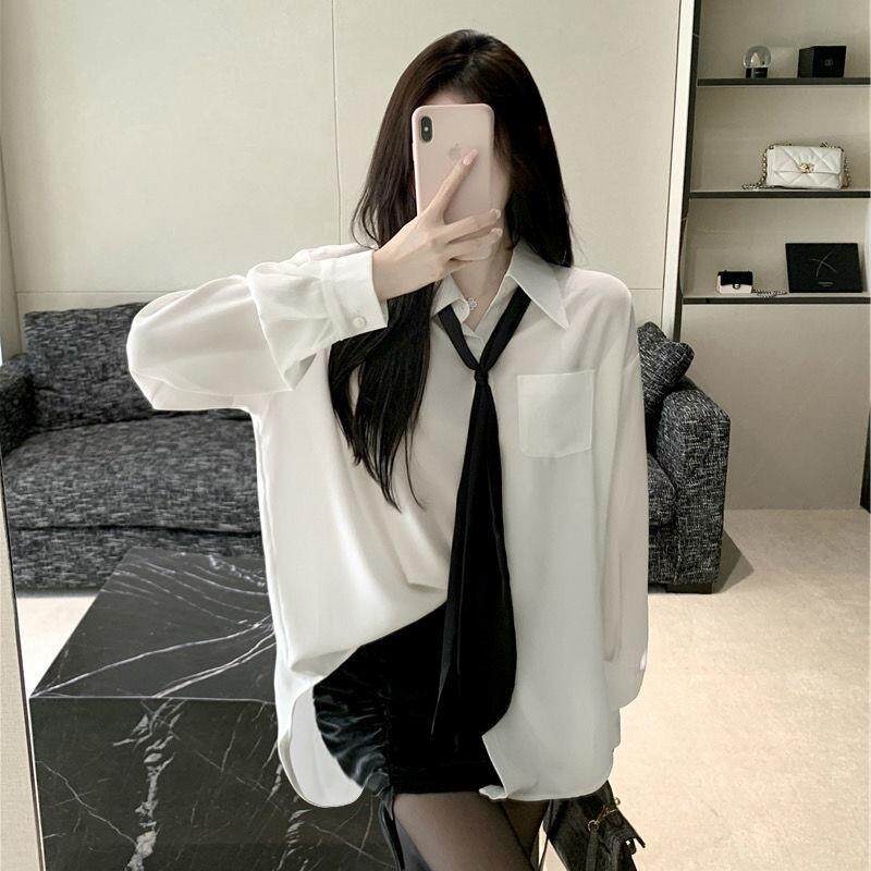 白色中长版领带衬衫女春秋季性感御姐风甜辣妹宽松长袖制服衬衫
