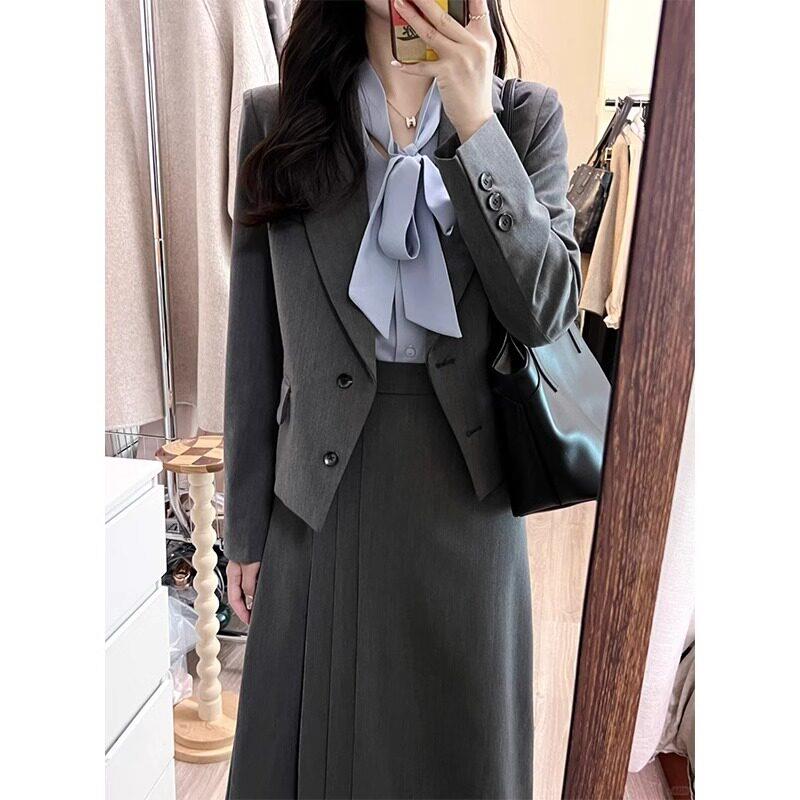 灰色西装套装女春秋工作服职业气质大学生公务员面试正装西服套裙