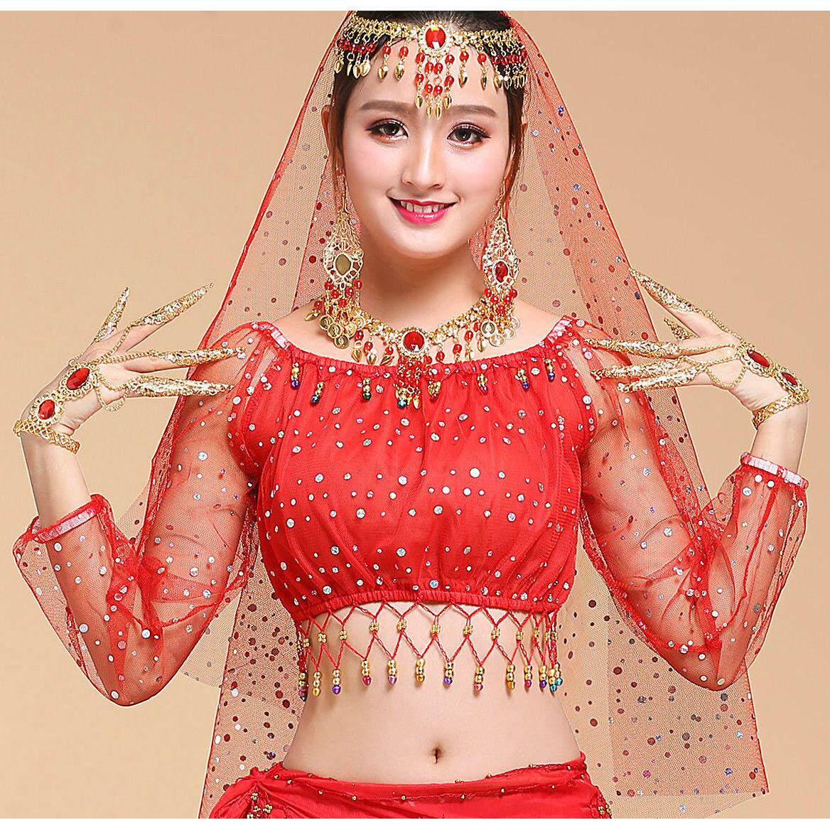 新款印度舞演出服新疆舞民族风舞蹈表演服新款肚皮舞彩点长袖上衣