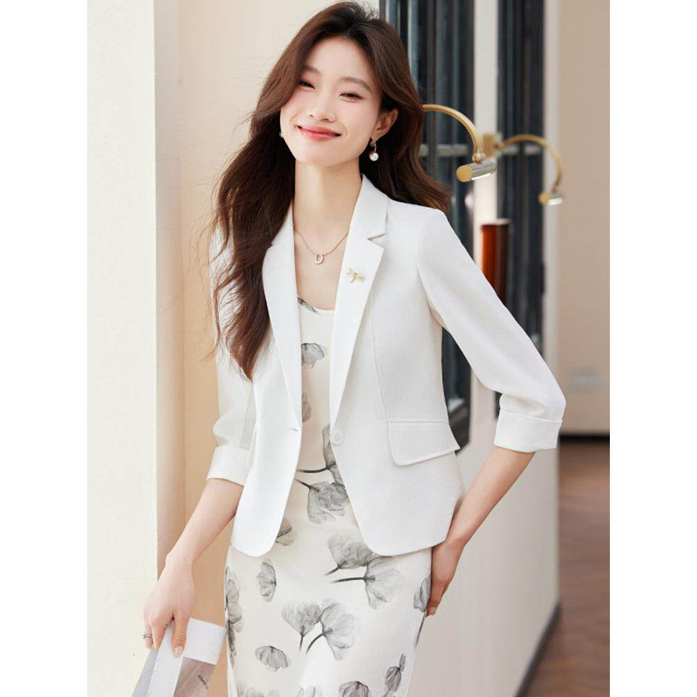 白色西装外套女夏季薄款七分袖高级感休闲西服内搭吊带连衣裙套装