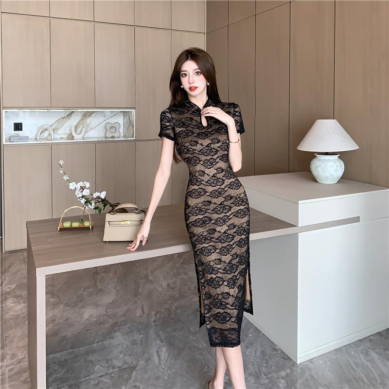 新中式覆古高端蕾丝旗袍改良版中长款性感包臀收腰开叉连衣裙夏季
